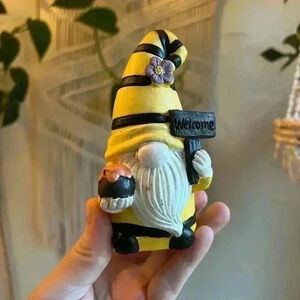 Spring Bee Gnome Figure with Welcome Sign, Yard Cottagecore Garden Decor